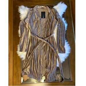 beige FashionNova duster with gold glitter stripes